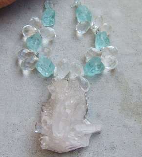   TURQUOISE QUARTZ DRUZY RAW PENDANT NECKLACE CLEAR FACETED CRYSTAL BIG