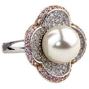   Flower Pave Pink Sapphire & Pearl 925 Ring Size 5.5 