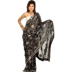 Black Sari with Embroidered Flowers and Sequins   Art Silk 