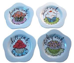 Set of 4 Hand Drawn Cupcakes Dessert Plates by Rosanna  