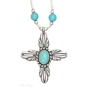  Sterling Silver Beaded Turquoise Cross Pendant Necklace Jewelry