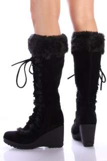 Black Furry Wedge Lace Up Knee Boots Women   Vegan Friendly  