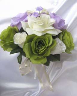 21p Bridal bouquet wedding Silk flowers GREEN LAVENDER CREAM bouquets 