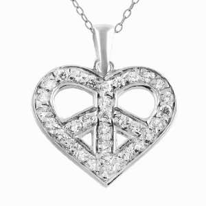   Sterling Silver Cubic Zirconia Heart Peace Sign Necklace Jewelry