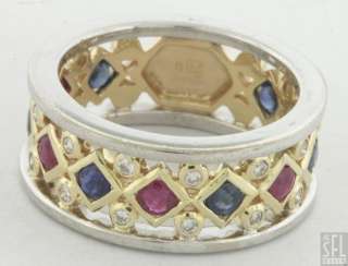   TWO TONE GOLD 1.50CT DIAMOND RUBY SAPPHIRE ETERNITY BAND RING  