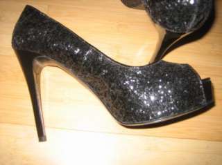 Guess Black Glitter Platform Pump Shoes Heels Peep Toe 7.5  