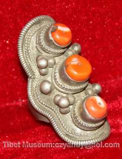Wonderful Old Antique Tibetan Noble Pure Silver Coral Ring  