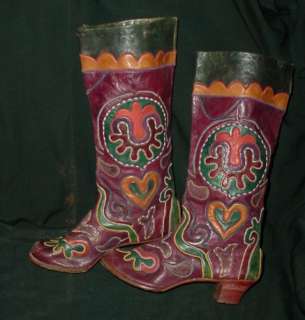 EARLY WOMENS LEATHER BOOTS WITH COLORFUL APPLIQUES, DECORATIVE 