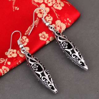 Olive oval tibetan silver stick flower dangle earrings  