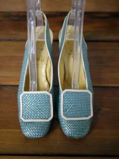 Vintage 50s LORD & TAYLOR Turquoise Italian Woven Slingback PUMPS 7 B 