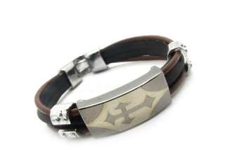 Mens Black holy cross leather Bracelet Silver Stainless Steel cool 