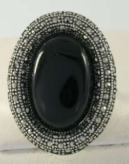 Marcasite Sterling Silver Large Black Onyx Ladies Ring  