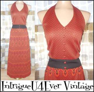 Vintage 70s ORANGE RED Ethnic Op Art Maxi Halter Dress Hostess Gown 38 