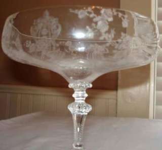 VINTAGE CAMBRIDGE ETCHED ROSE POINT CLEAR GLASS CRYSTAL FOOTED COMPOTE 