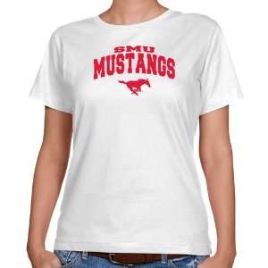  SMU Mustangs Ladies White Mascot Arch Classic Fit T shirt 