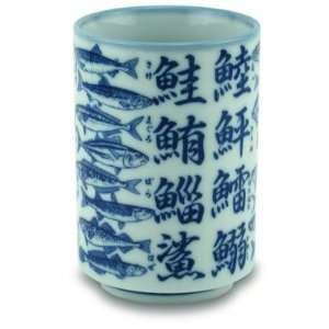    Tea Cup with Blue Fish and Japanese Symbols
