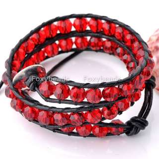 11/Color FASHION STYLE 2 Wrap Crystal Glass Beads Black Leather 