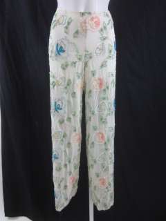 KRIZIA Cream Silk Floral Sequin Embroidered Pants Sz 44  