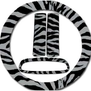 Silver and black zebra steering wheel cover, seat belt covers and rear 