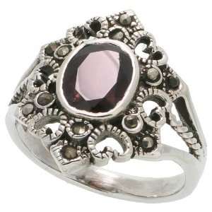  Sterling Silver Marcasite Hexagon shaped Ring, w/ Oval Cut 