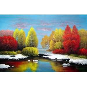  Graceful Lakeside Red and Yellow Trees Landscape Oil Painting 