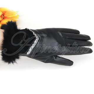   Winter Warm Rabbit Fur & PU Leather Full Finger Waist Gloves  