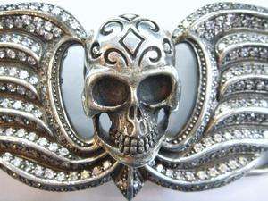 GOTHIC SKULL WING WHITE CZ CRYSTAL 925 STERLING SILVER BELT BUCKLE