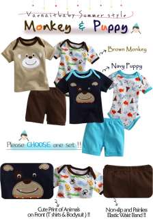   Newborn Baby Boys Top Bodysuit Pants 3 Set  Monkey & Puppy   