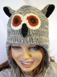 Womens Gray Owl Hat Cartoon Animal Warm Wool Winter Ski Snowboard Cap 