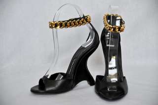 TOM FORD Black LEATHER WEDGE SANDAL+CHAIN ANKLE STRAP Heels S/S 2012 