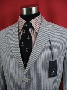 New NWT Nautica White/Blue Striped SEERSUCKER Side Vented Cotton Suit 