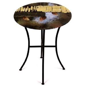   20 Inch by 30 Inch Fused Glass Round Accent Table, Deep Brown/Gold