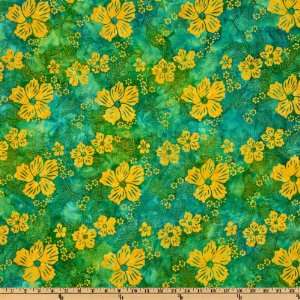  44 Wide Mai Tai Batik Tropic Flower Green/Yellow Fabric 