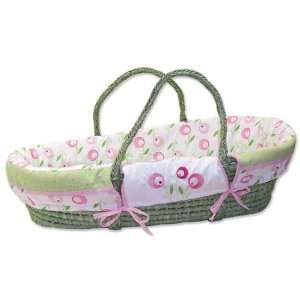 Set   Sage Basket With Tulip Print Wrap Style Bumper And Pink Mattress 