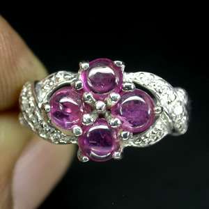   ROUND CAB 4mm. TOP RICH RED PINK RUBY & AAA WHITE CZ 925 SILVER RING