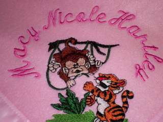   Personalized Embroidered Blanket with a Baby Monkey and Tiger.  