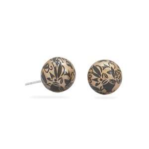 Large 12mm Gold Color Sterling Silver Stud Earrings with Black Floral 