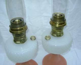 Matching Vintage Aladdin Diamond Quilt Moonstone Oil Lamps Model B 