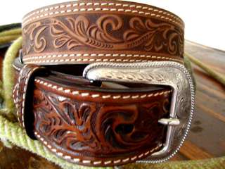 WESTERN BROWN HAND TOOLED LEATHER BELT & BUCKLE  