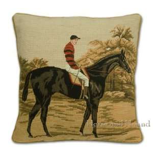 Horse and Jockey Portrait Needlepoint Pillow 