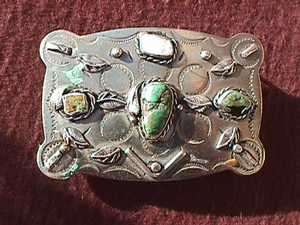 NICKLE SILVER JUSTIN BELT BUCKLE has TURQUOISE 3.1/2 by 2.1/4  