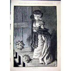  1885 Woman Beautiful Dress Flowers Hat Antique Fine Art 