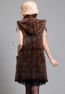 100% Real Genuine Knitted Mink Fur with Hood Long Vest Gilet Waistcoat 