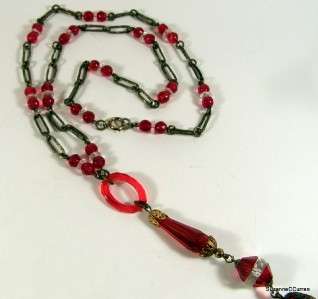 Amazing Vintage 1930s Red Czech Glass Tassel Necklace  