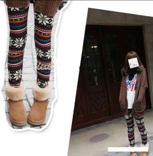 Funky retro Soft Knitted Multi Colored Stripe Snowflakes Leggings 