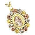 14k Goldplated Tricolor Virgin Mary with Flowers Pendant (Mexico 