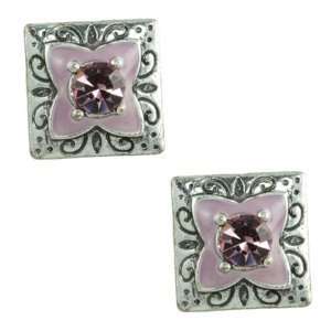   Accent Pink Enamel Flower Antique Finish Square Stud Earrings Jewelry