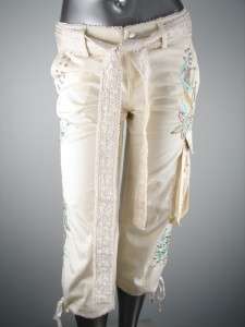 49 Venus Embroidered Tie Leg Capri Cargo Pants Lace & Stud Detail 