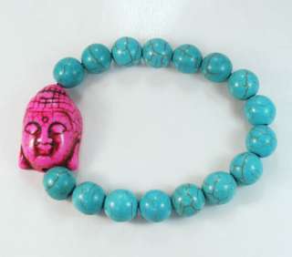   Hot Pink Buddhist Buddha Head Blue Ball Bead Stretch Bracelet  