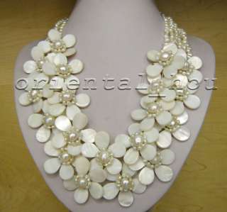 Charming Natural White FW Pearl&Shell Flower Necklace Earrings Set